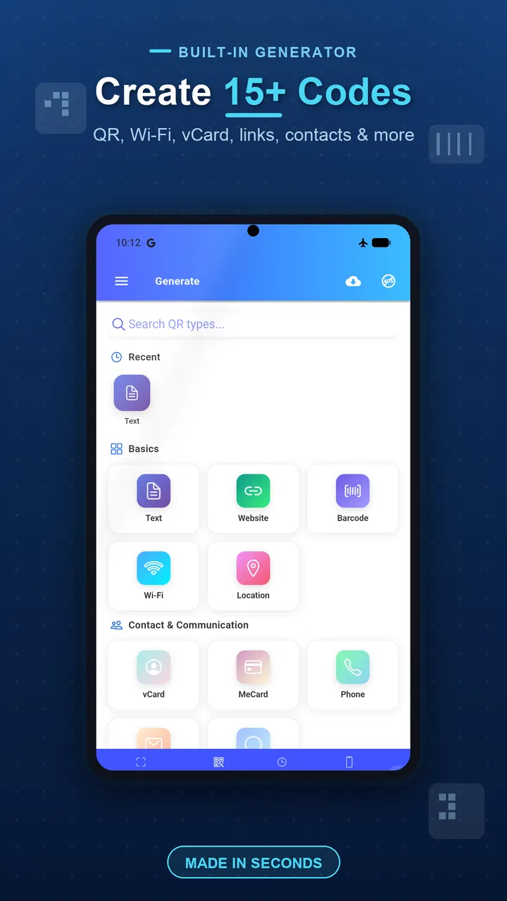 Barcode and QR Scanner generator screen creating a custom QR code