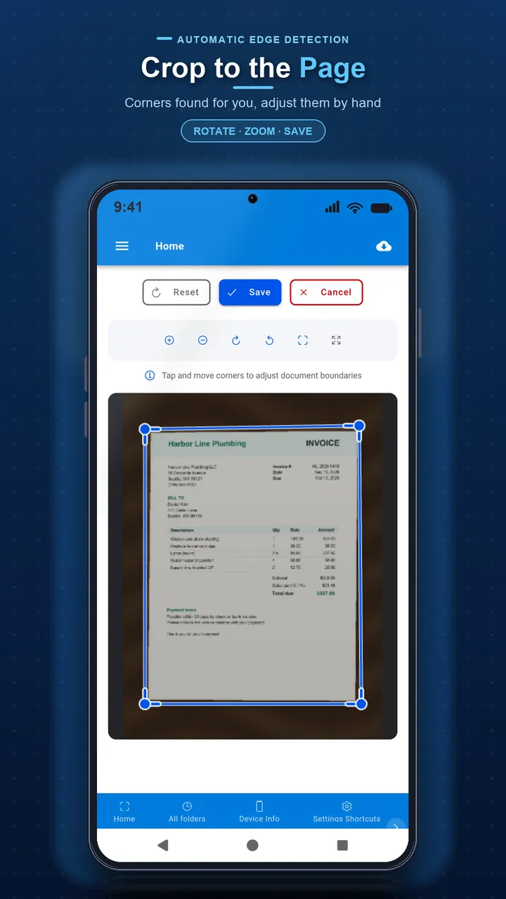 Document Scanner crop screen adjusting a scanned page corners