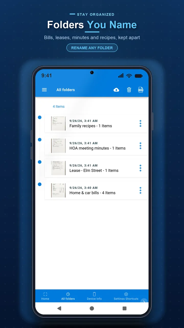Document Scanner folders screen listing organized scanned documents