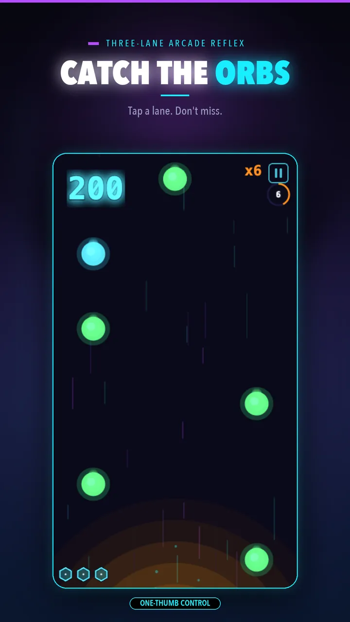 Neon Fall Rush gameplay screen catching falling neon orbs across three lanes