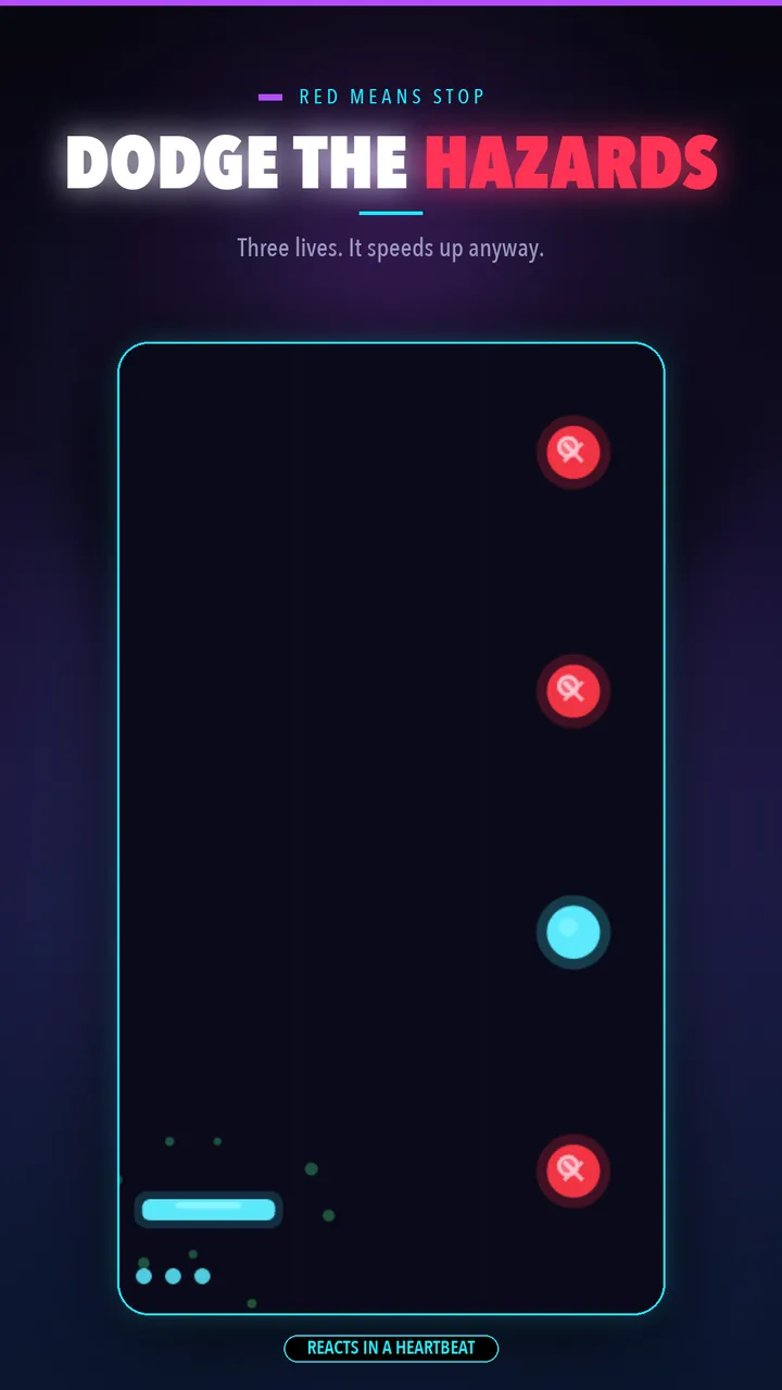 Neon Fall Rush gameplay screen dodging a hazard orb