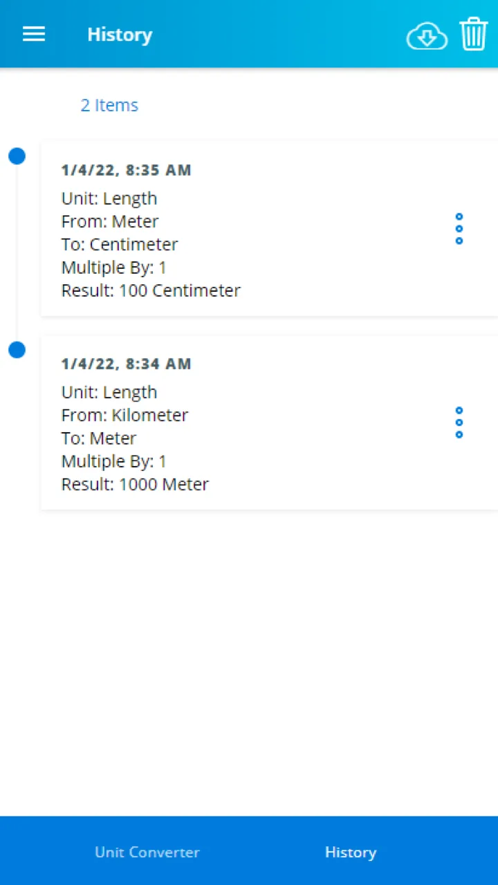 Unit Converter History screen listing two past conversions: Meter to Centimeter and Kilometer to Meter